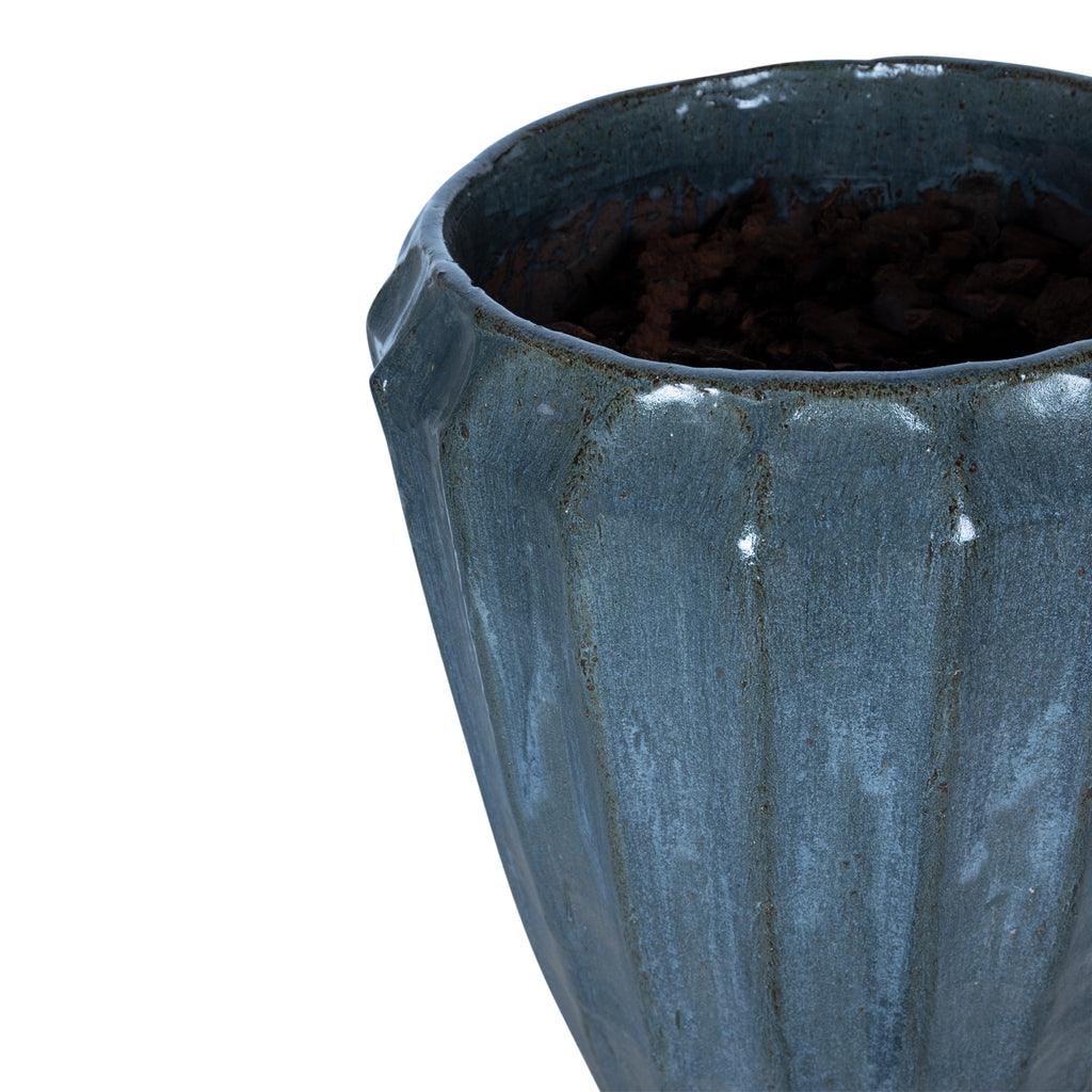 livinglovely.nl - Olver Blue ceramic pot ribbed structure round L PTMD - Pot - PTMD - livinglovely.nl