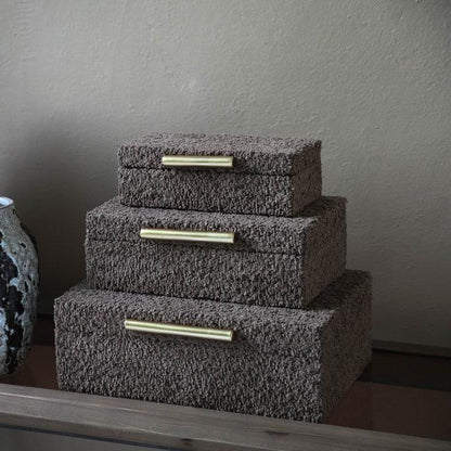 livinglovely.nl - Orlinn Bruin boucle fabric storage box set of 3 PTMD - Opbergdoos - PTMD - livinglovely.nl