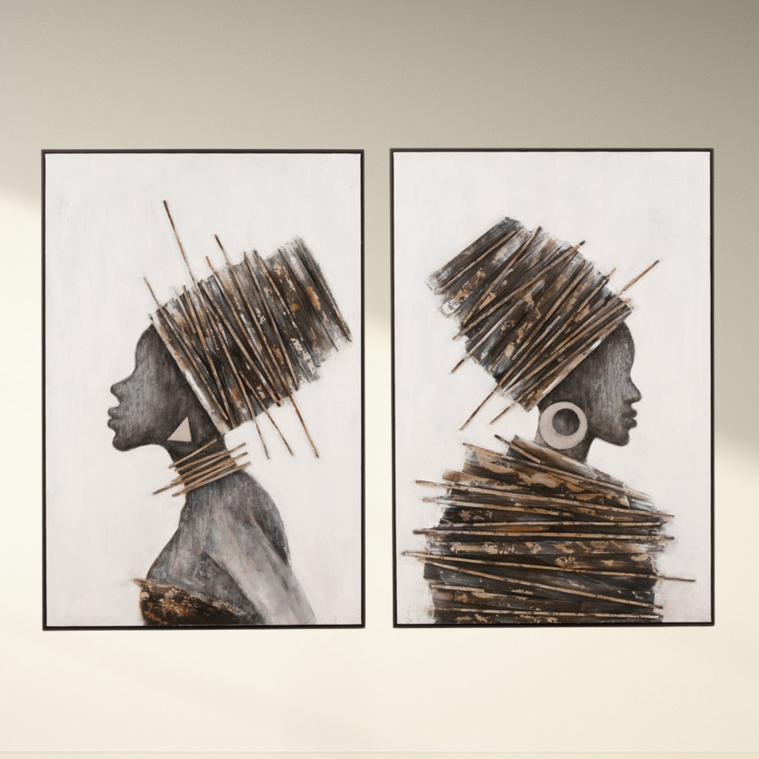 livinglovely.nl - Painting African Woman Wood/Canvas Brown/Grey Assortment Of 2 - Schilderij - J-Line - livinglovely.nl