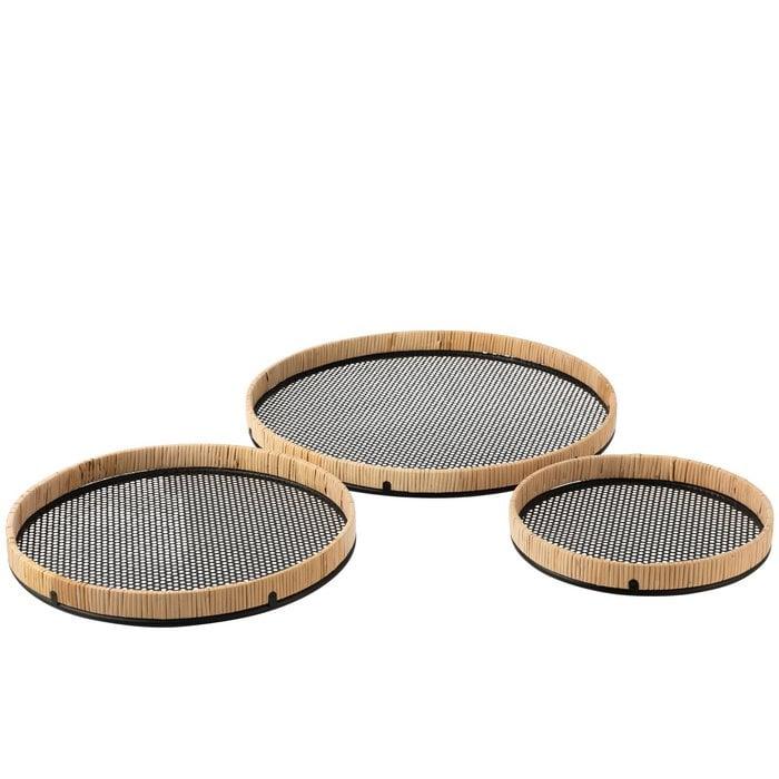 livinglovely.nl - Plateaus Rond Metaal/Rotan Zwart/Naturel Set van 3 - Plateau - J-Line - livinglovely.nl