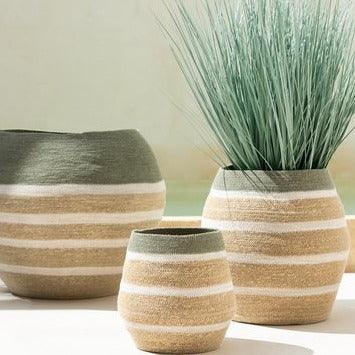 livinglovely.nl - Set Van 3 Mand Strepen Zeegras Groen/Naturel - Mand - J-Line - livinglovely.nl