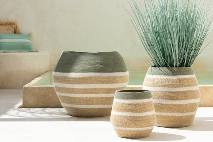 livinglovely.nl - Set Van 3 Mand Strepen Zeegras Groen/Naturel - Mand - J-Line - livinglovely.nl