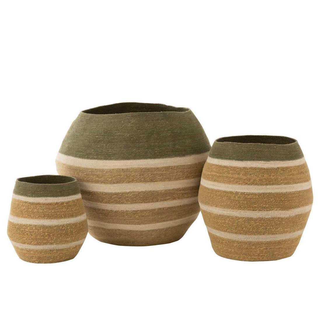 livinglovely.nl - Set Van 3 Mand Strepen Zeegras Groen/Naturel - Mand - J-Line - livinglovely.nl