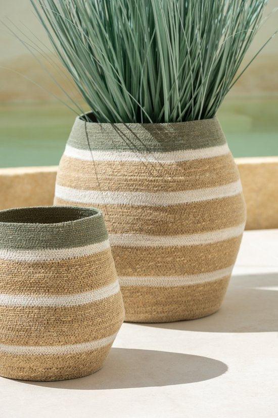 livinglovely.nl - Set Van 3 Mand Strepen Zeegras Groen/Naturel - Mand - J-Line - livinglovely.nl