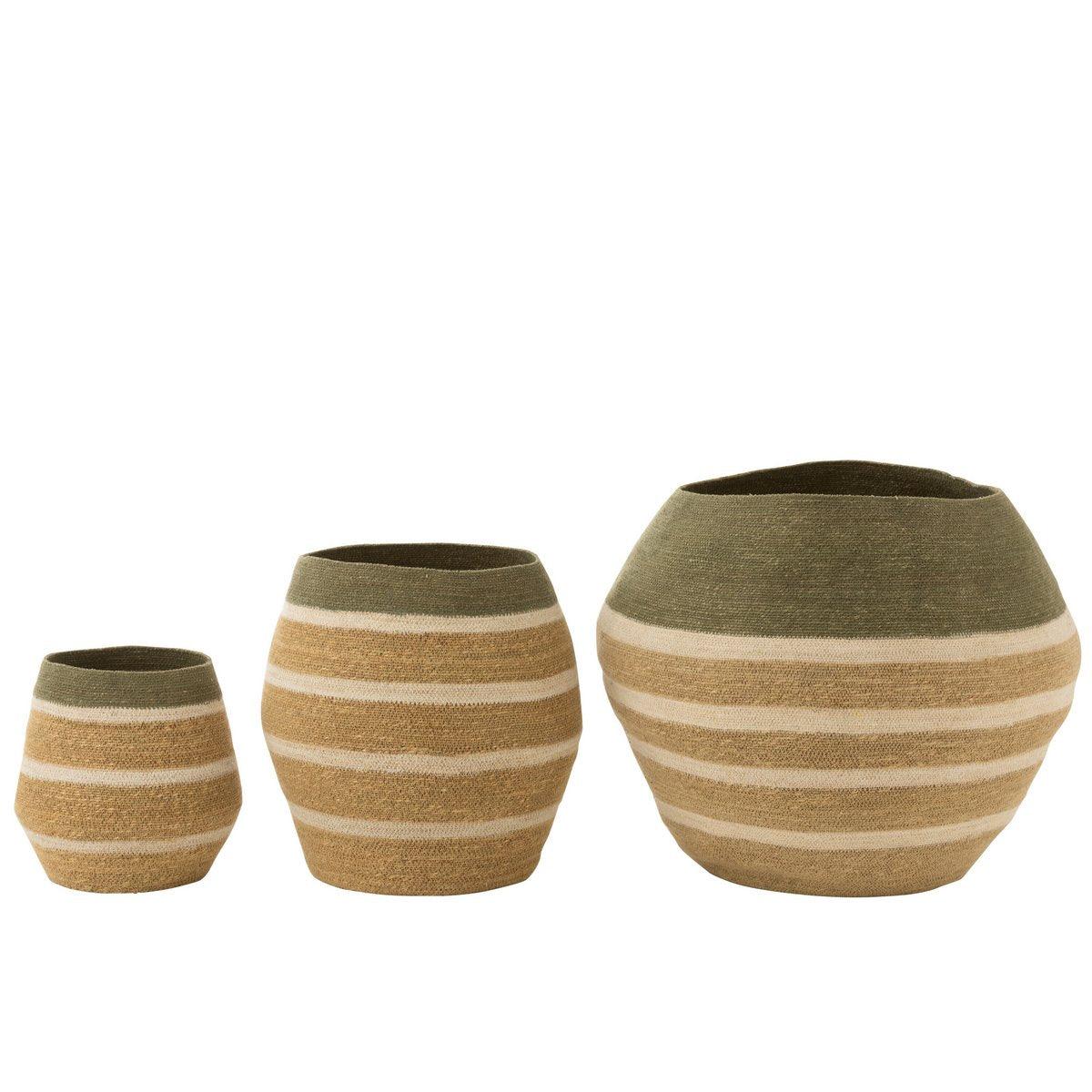 livinglovely.nl - Set Van 3 Mand Strepen Zeegras Groen/Naturel - Mand - J-Line - livinglovely.nl