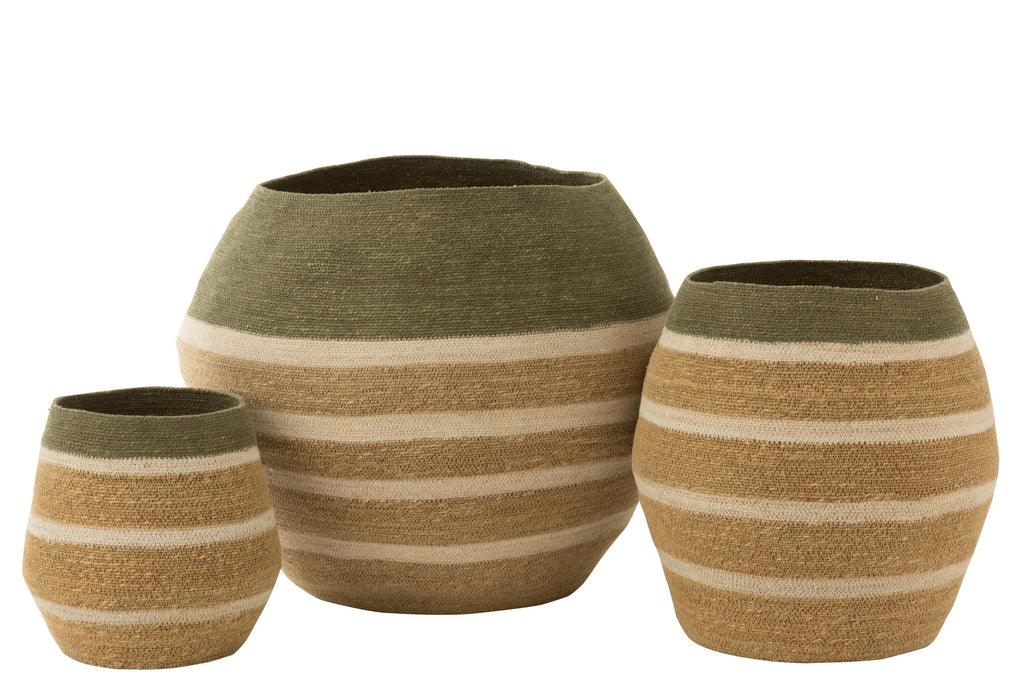 livinglovely.nl - Set Van 3 Mand Strepen Zeegras Groen/Naturel - Mand - J-Line - livinglovely.nl