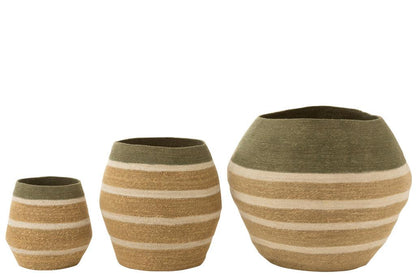 livinglovely.nl - Set Van 3 Mand Strepen Zeegras Groen/Naturel - Mand - J-Line - livinglovely.nl