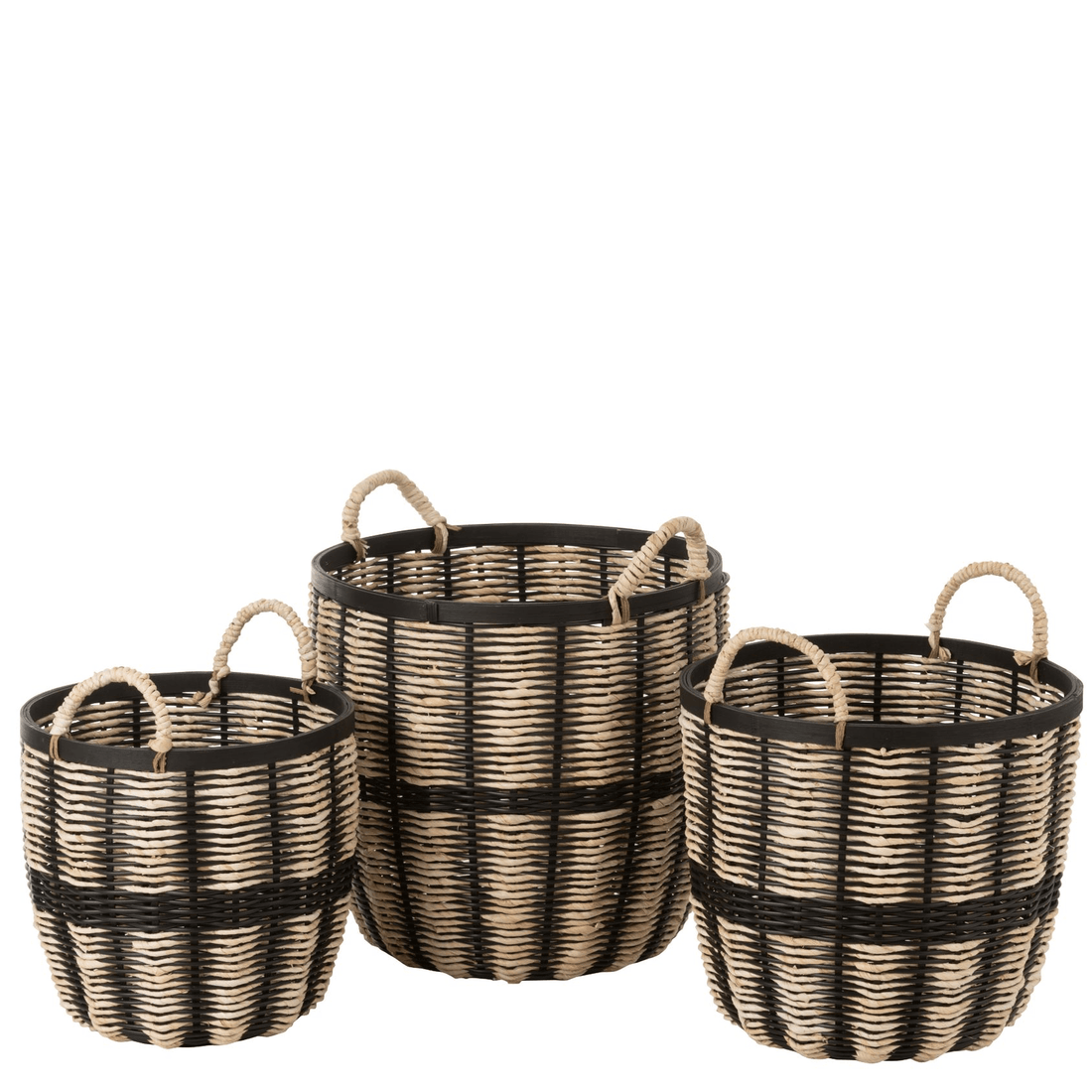 livinglovely.nl - Set Van 3 Manden Touw/Rattan Zwart/Naturel - Mand - J-Line - livinglovely.nl