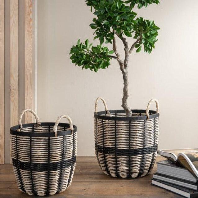 livinglovely.nl - Set Van 3 Manden Touw/Rattan Zwart/Naturel - Mand - J-Line - livinglovely.nl