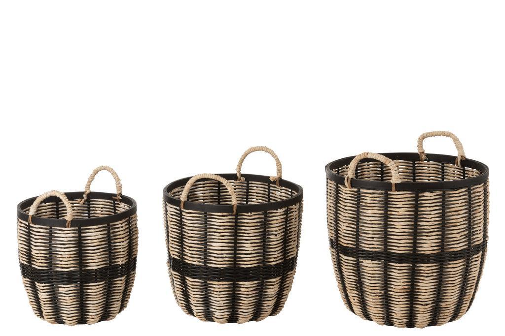 livinglovely.nl - Set Van 3 Manden Touw/Rattan Zwart/Naturel - Mand - J-Line - livinglovely.nl