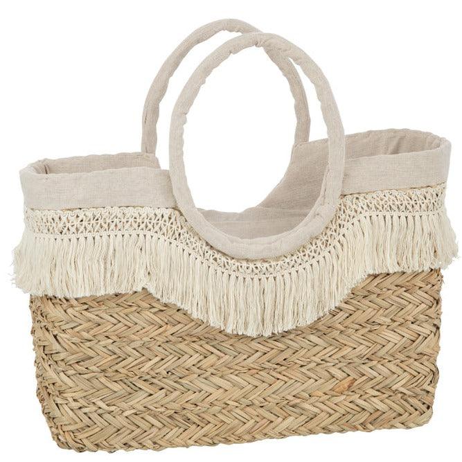 livinglovely.nl - Strandtas Franjes Gevlochten Zeegras Nat/Creme - Tas - J-Line - livinglovely.nl