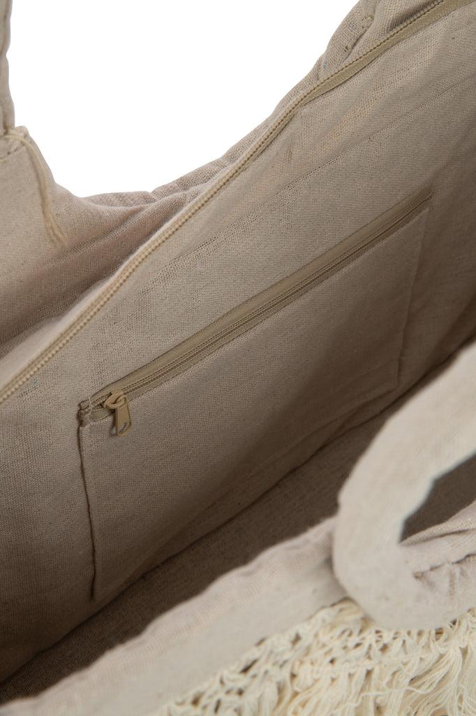 livinglovely.nl - Strandtas Franjes Gevlochten Zeegras Nat/Creme - Tas - J-Line - livinglovely.nl