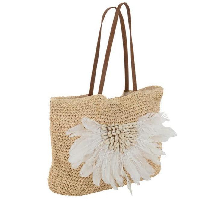 livinglovely.nl - Strandtas Met Schelpen/Veren Papier Naturel/Wit - Tas - J-Line - livinglovely.nl