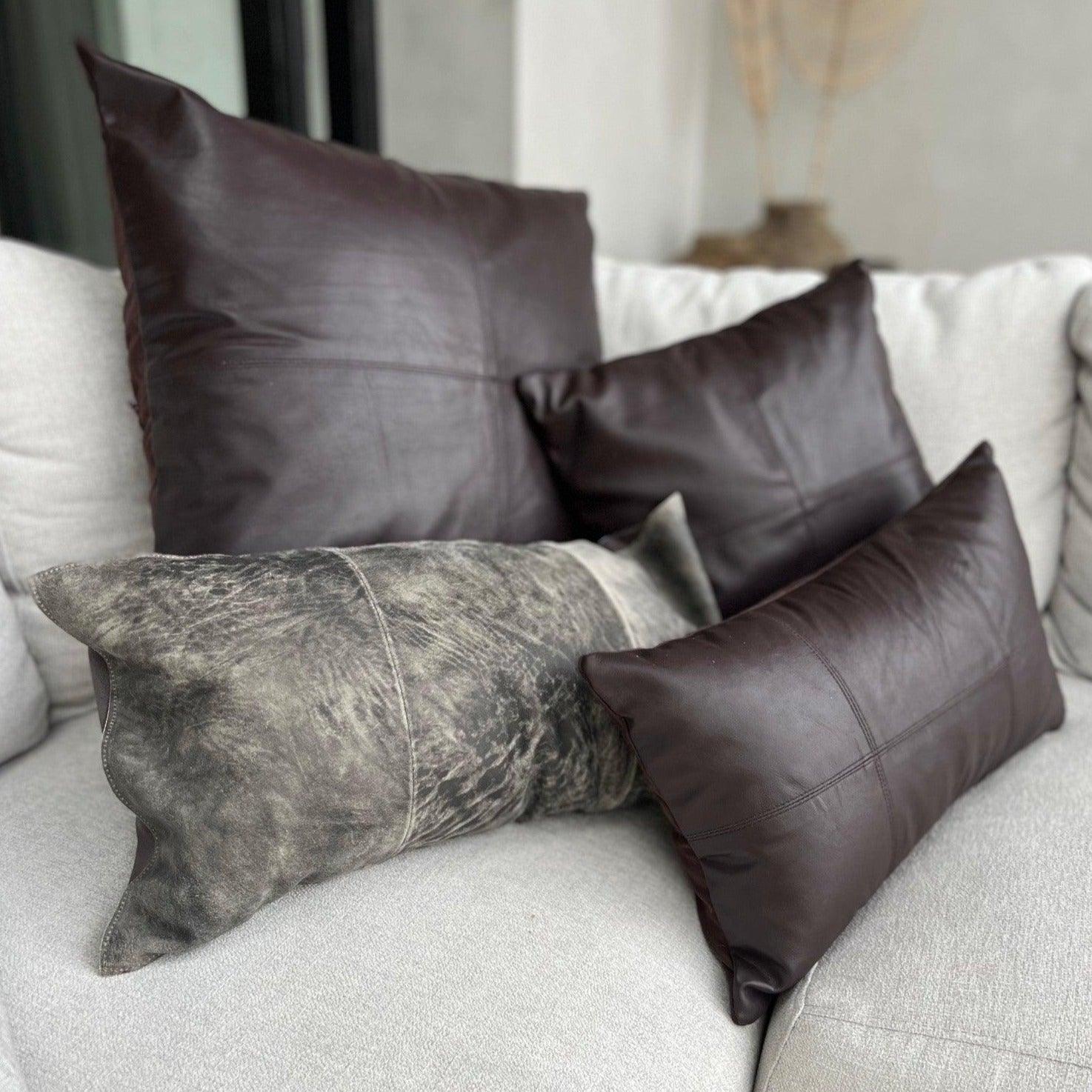 livinglovely.nl - The Four Panel Leather Cushion Cover - Choco - 60x60 - Kussenhoes - Bazar Bizar - livinglovely.nl