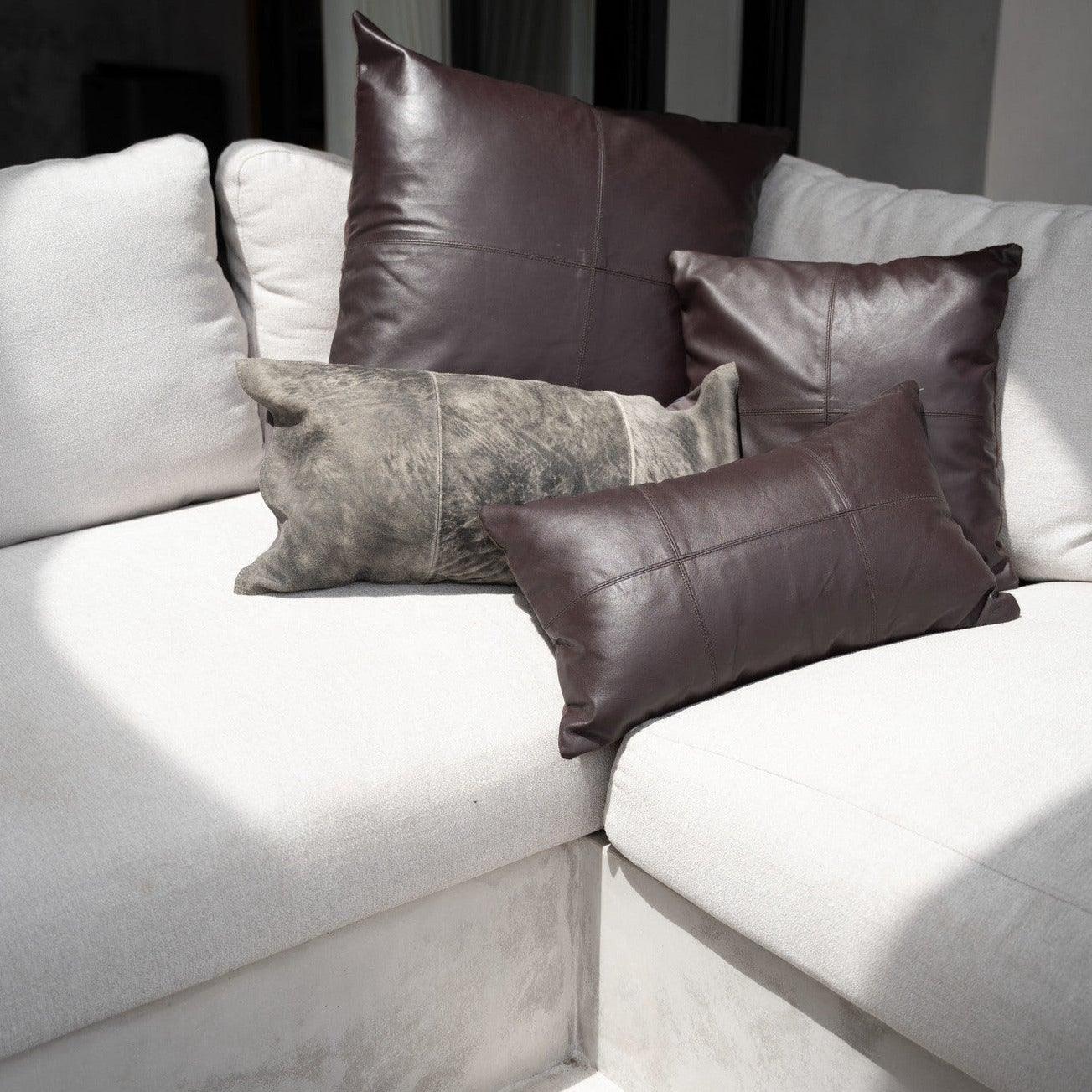 livinglovely.nl - The Four Panel Leather Cushion Cover - Choco - 60x60 - Kussenhoes - Bazar Bizar - livinglovely.nl