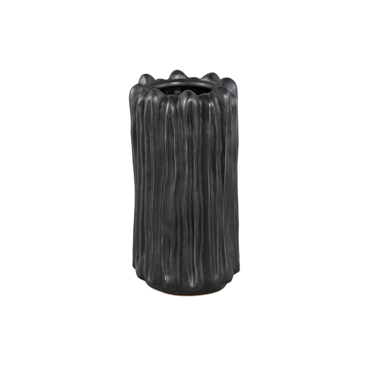 Luci Black Ceramic Vase Ribbed Round L van PTMD, zwarte geribbelde vaas op witte achtergrond