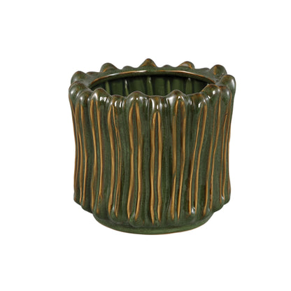 Luci Dark Green Ceramic Pot Ribbed Round XL van PTMD, donkergroene geribbelde pot op witte achtergrond