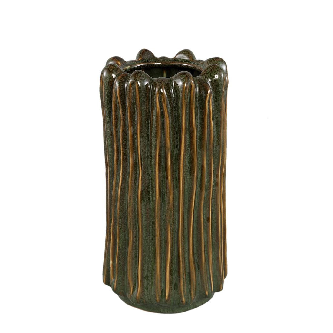 Luci Dark Green Ceramic Vase Ribbed Round L van PTMD, donkergroene geribbelde vaas op witte achtergrond