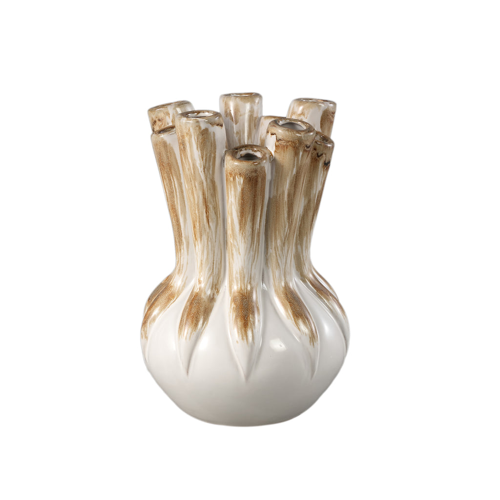 Manali Cream ceramic round vaas colored tubes L - Vaas - PTMD - livinglovely.nl