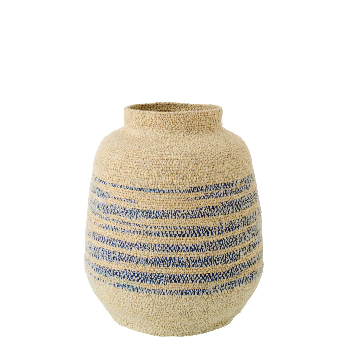 Mand Gestreept Zeegras/Glas Naturel/Blauw van J-Line, gevlochten mand met blauwe strepen