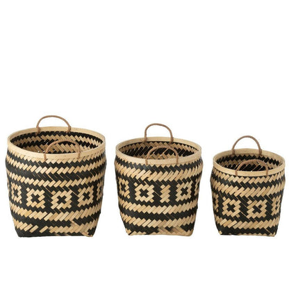 Mand Patronen Handvaten Bamboe Naturel/Zwart Set van 3 , Mand , J-Line , livinglovely.nl