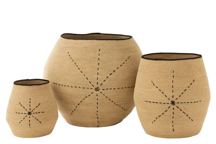 Mand Ster Stippellijnen Zeegras Naturel/Zwart set van 3 , Mand , J-Line , livinglovely.nl