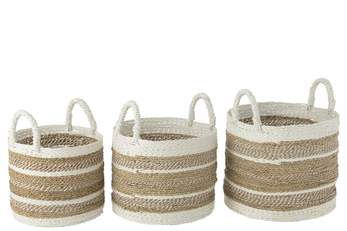 Manden Caro Raffia Wit/Naturel Set van 3 - Mand - J-Line - livinglovely.nl