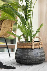 Manden + Handvat Bol Bamboe + Touw Zwart Set van 3 - Mand - J-Line - livinglovely.nl