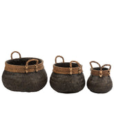 Manden + Handvat Bol Bamboe + Touw Zwart Set van 3 - Mand - J-Line - livinglovely.nl
