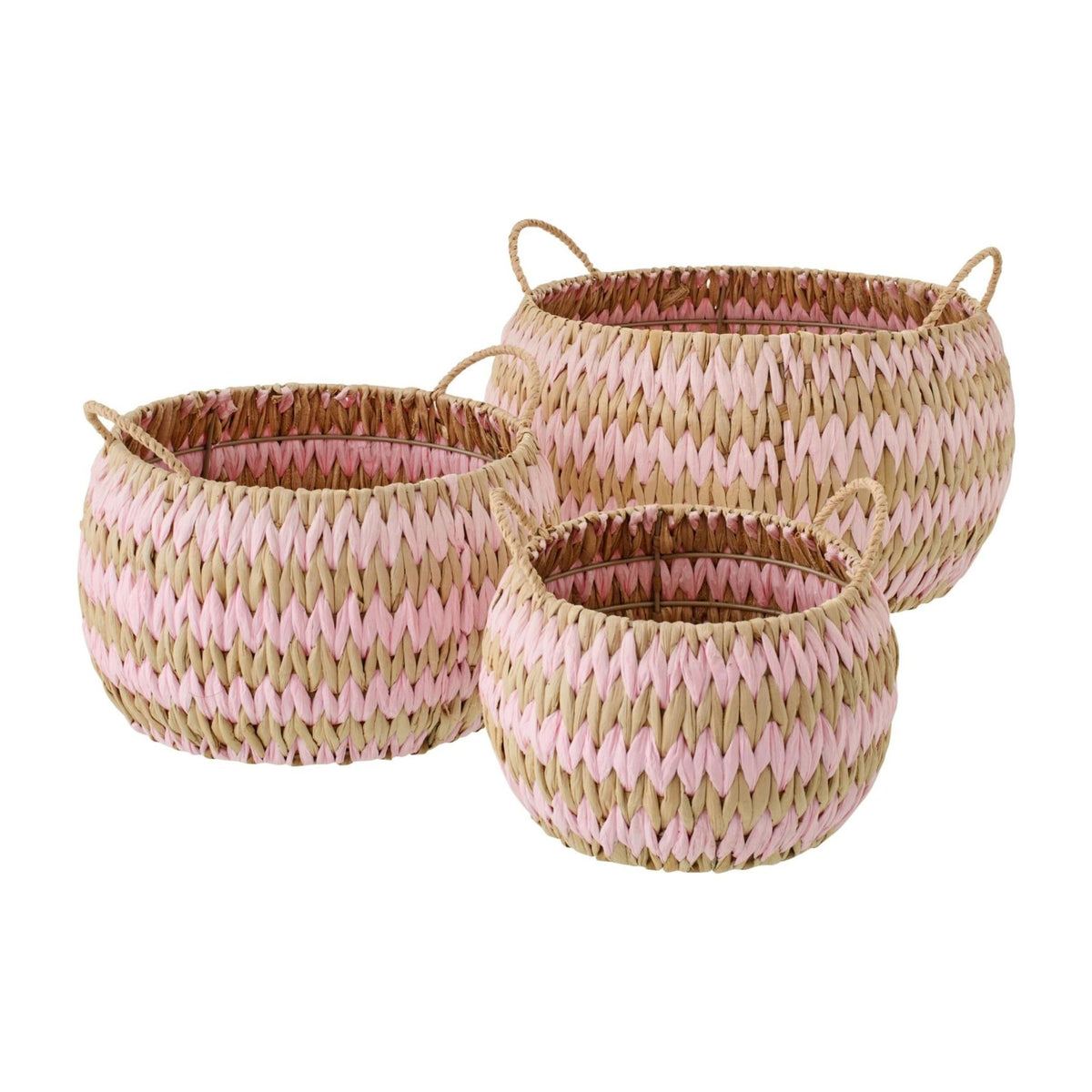 Manden Met Handvatten Gestreept Bies Naturel/Lichtroze Set van 3 J-Line