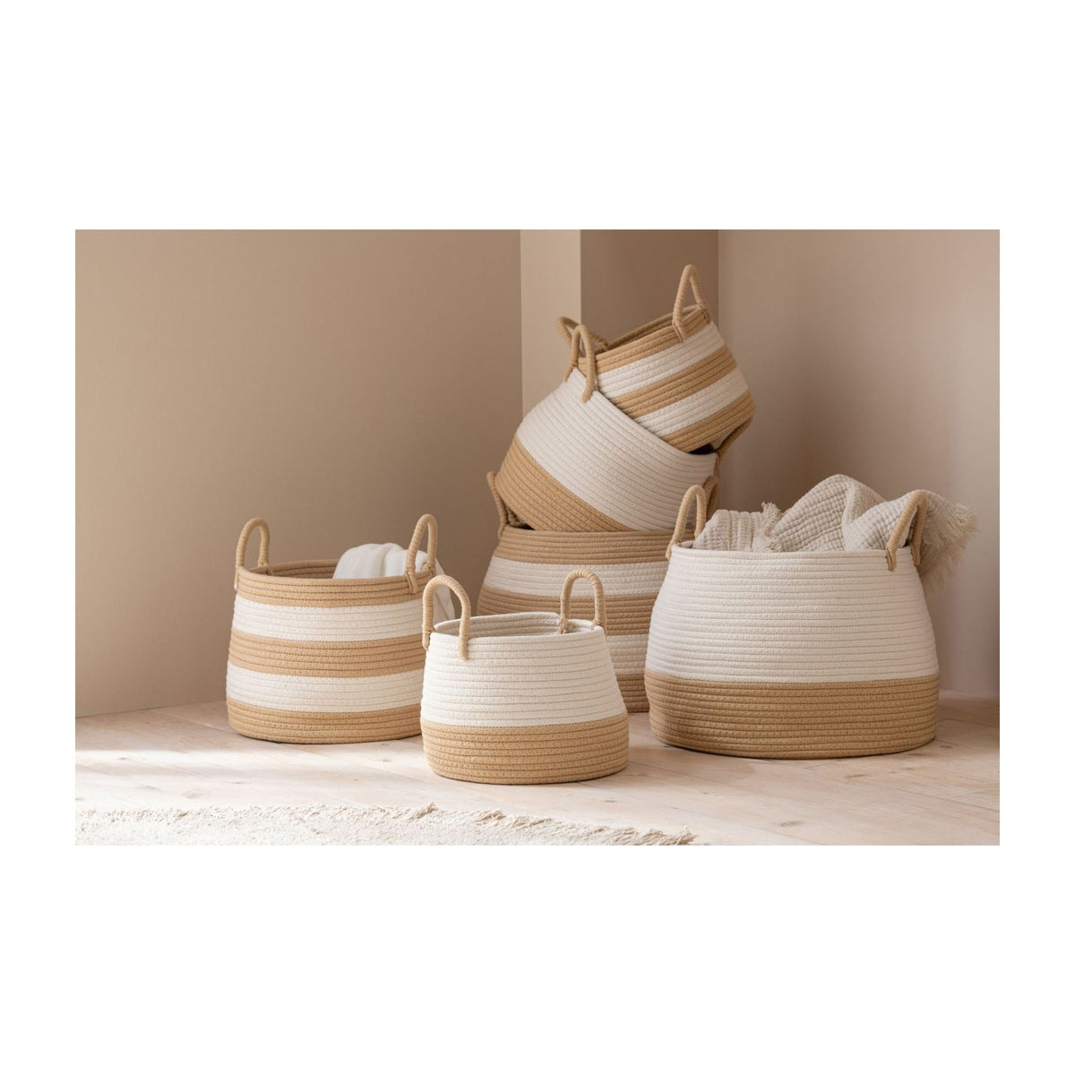Manden met Hengsel Rond Polyester Naturel/Wit Set van 3 J-Line