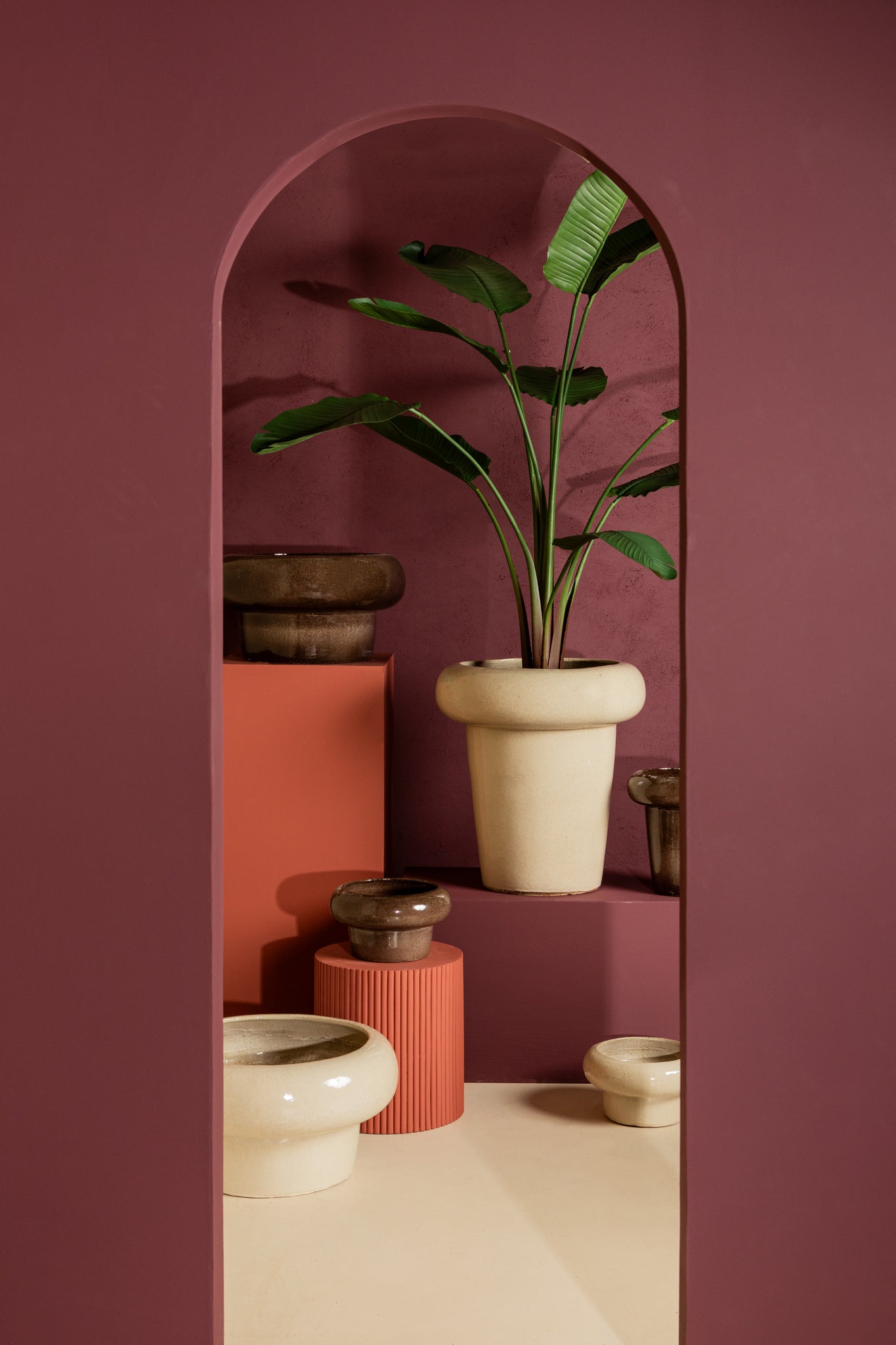 Megga Brown Big Glazed Ceramic Pot Thick Border Set van 2 PTMD - Pot - PTMD - livinglovely.nl