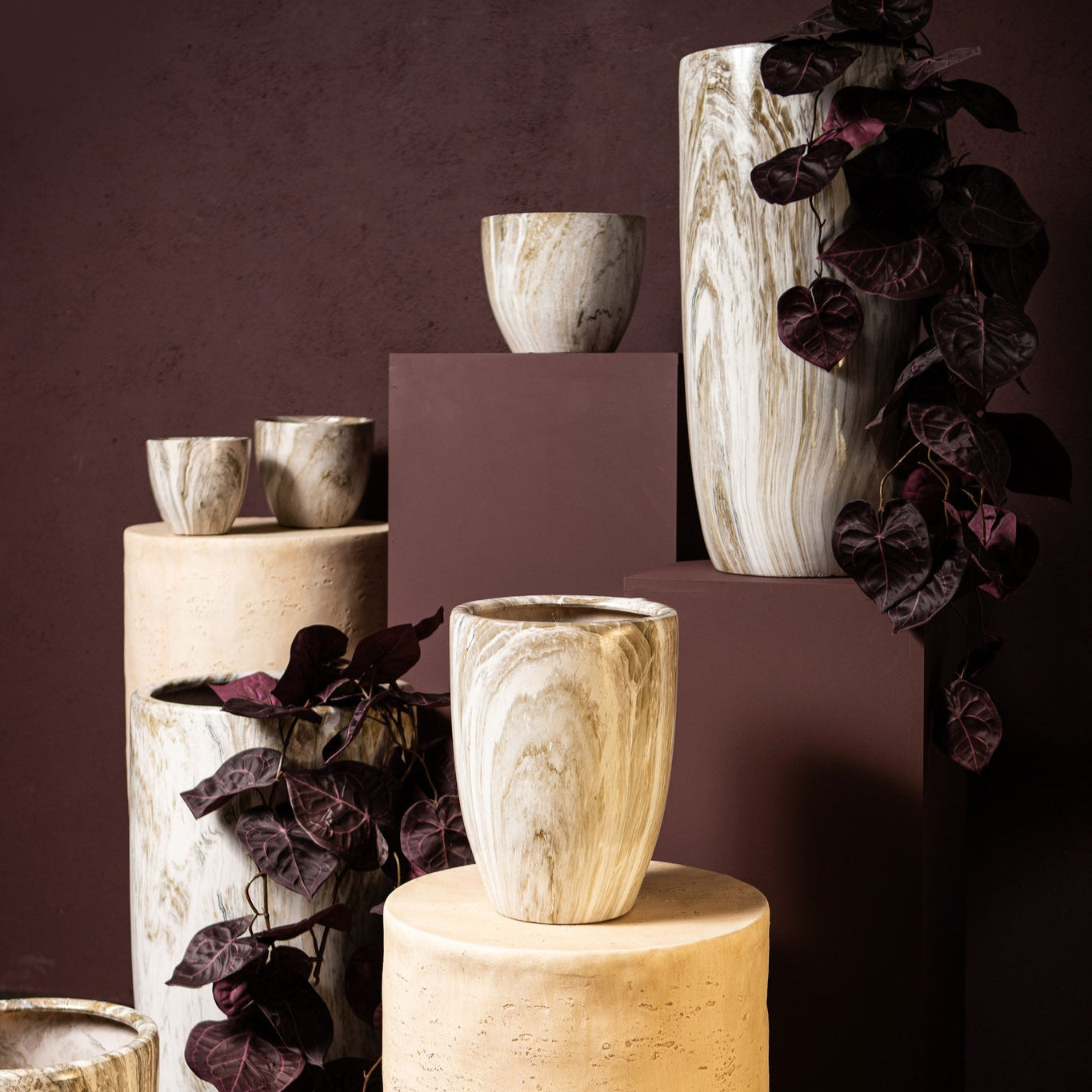 Miah Beige Ceramic Marble Look Pot Set Of 2 High PTMD - Pot - PTMD - livinglovely.nl