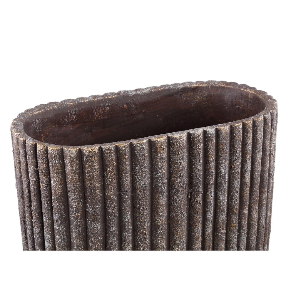 Morganne Brown Oval Cement Pot - Ribbed Lines - Large - PTMD - Pot - PTMD - livinglovely.nl