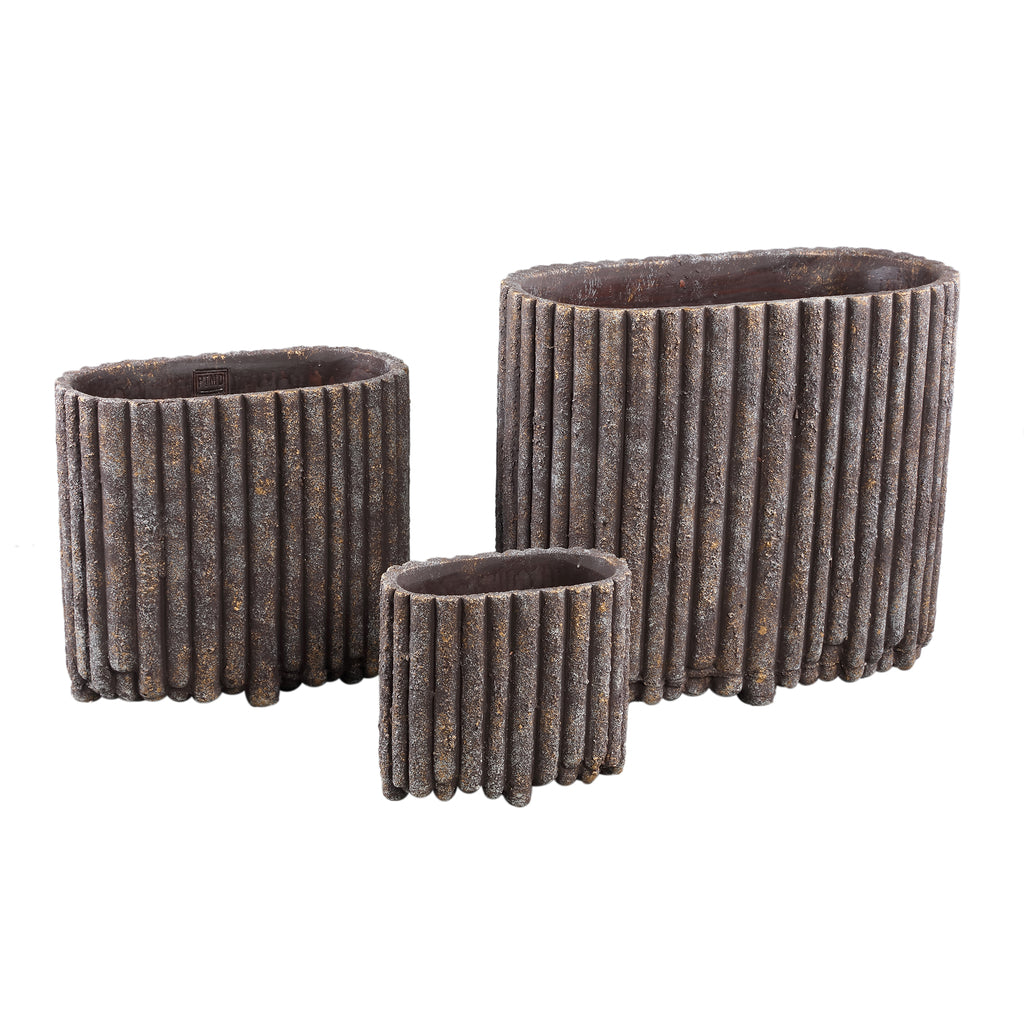 Morganne Brown Oval Cement Pot - Ribbed Lines - Large - PTMD - Pot - PTMD - livinglovely.nl