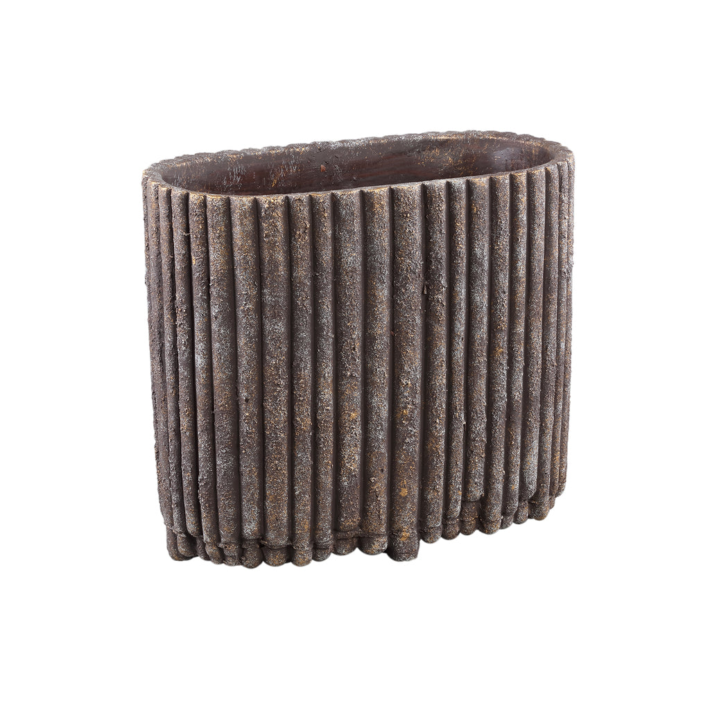 Morganne Brown Oval Cement Pot - Ribbed Lines - Large - PTMD - Pot - PTMD - livinglovely.nl