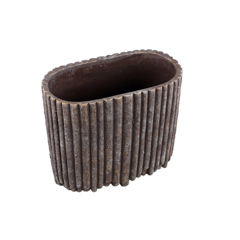 Morganne Brown Oval Cement Pot - Ribbed Lines - Large - PTMD - Pot - PTMD - livinglovely.nl