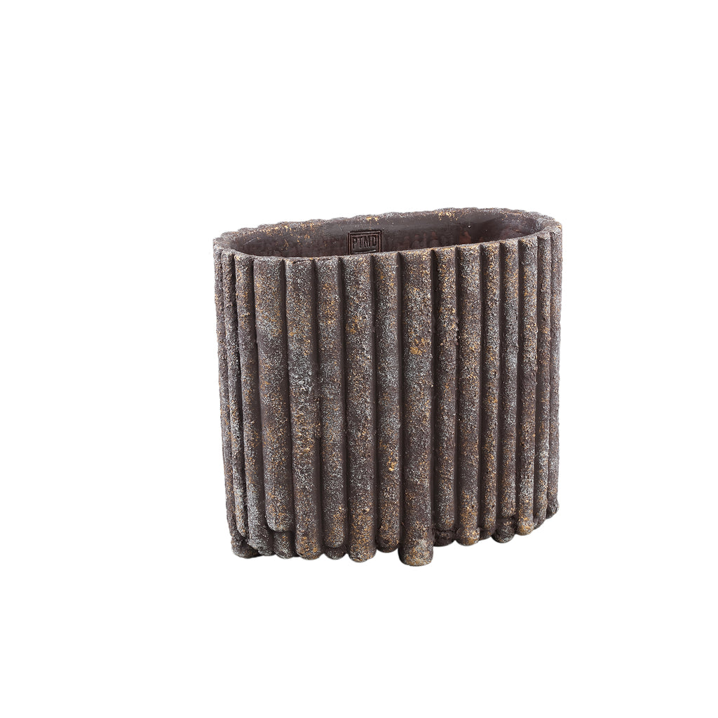 Morganne Brown Oval Cement Pot - Ribbed Lines - Medium - PTMD - Pot - PTMD - livinglovely.nl