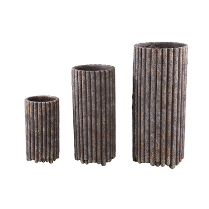 Morganne Brown Round Cement Pot - Ribbed Lines - High Medium - PTMD - Pot - PTMD - livinglovely.nl