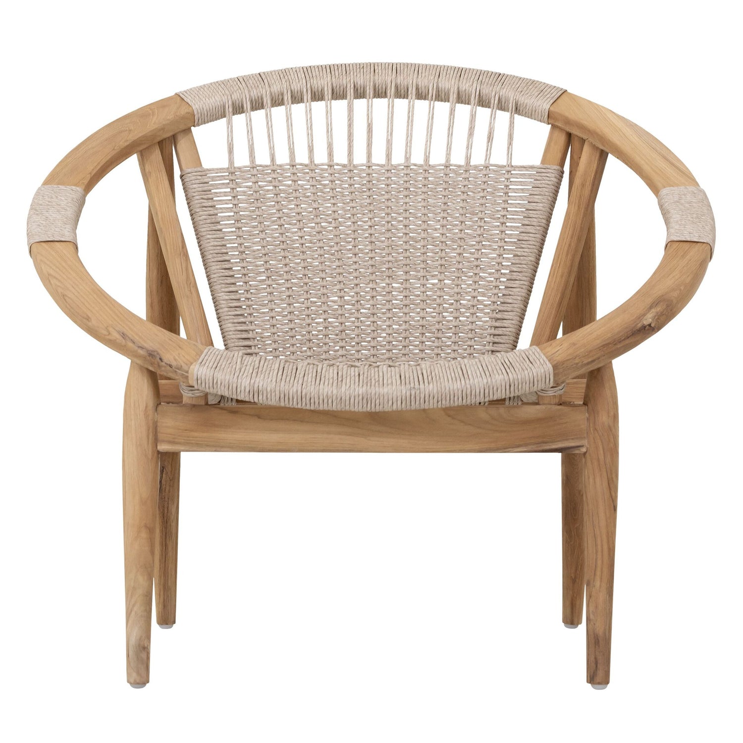 Fauteuil Kumo van MUST Living, loungestoel van gerecycled teakhout met geweven zitting van synthetisch touw