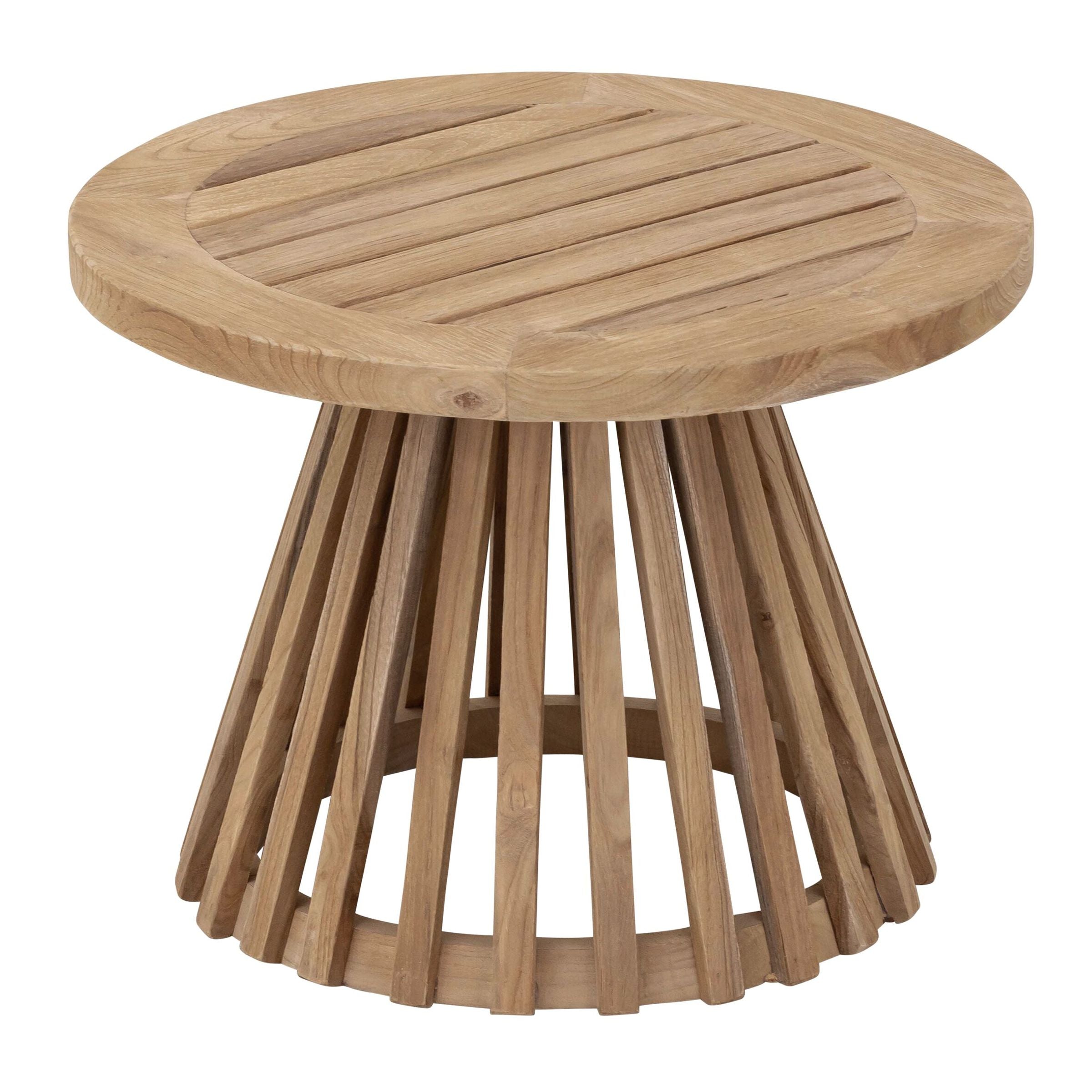 Lily salontafel van MUST Living van opzij, met zicht op het slanke teakhouten onderstel