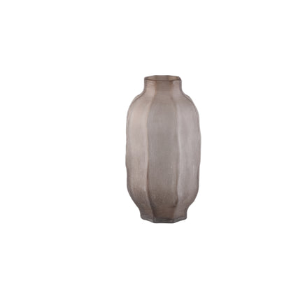 Natae Beige Round Glass Ribbed Vase Low van PTMD op witte achtergrond