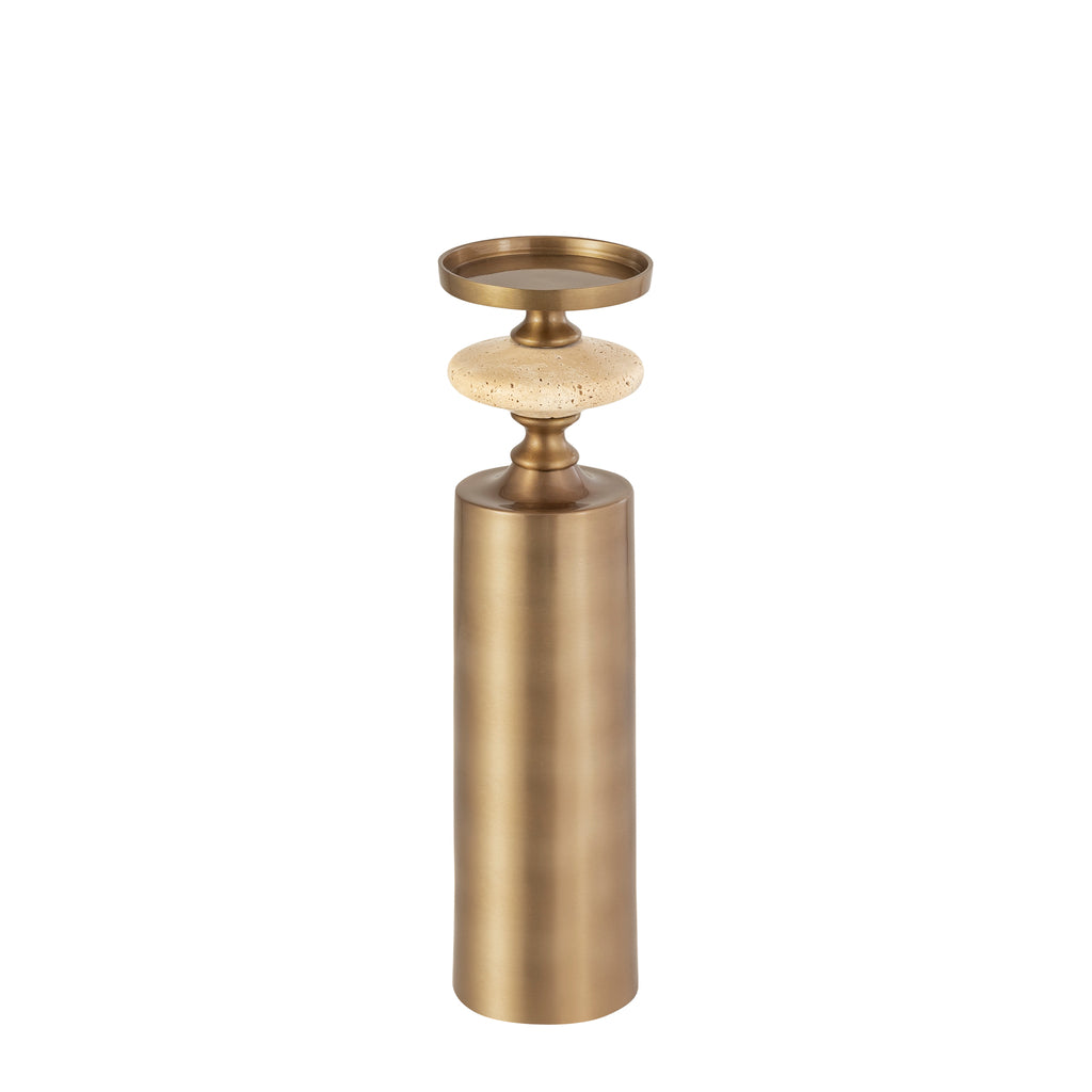 Nikolaos Brass candleholder travertine round L PTMD - Kandelaar - PTMD - livinglovely.nl