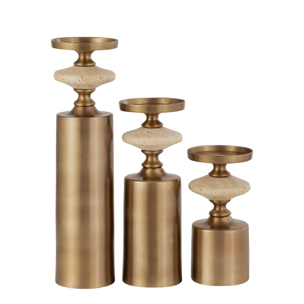 Nikolaos Brass candleholder travertine round M PTMD - Kandelaar - PTMD - livinglovely.nl