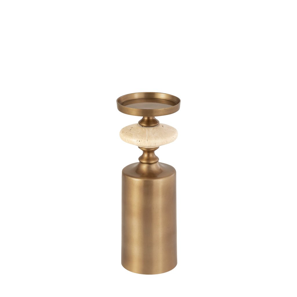 Nikolaos Brass candleholder travertine round M PTMD - Kandelaar - PTMD - livinglovely.nl