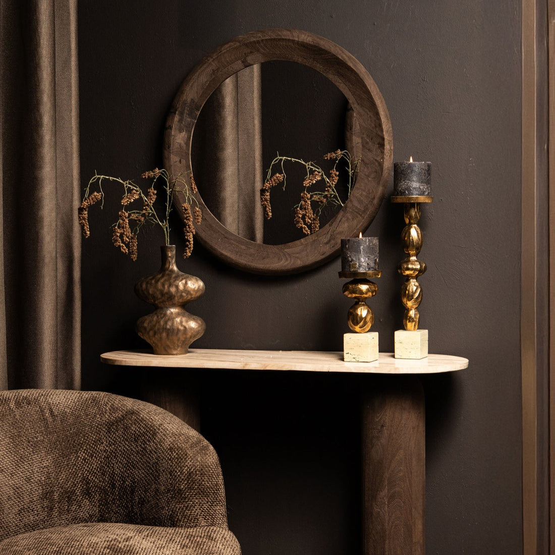 Noam Brown Mango Wood Round Mirror S Dia 70cm x 5cm PTMD - Spiegel - PTMD - livinglovely.nl