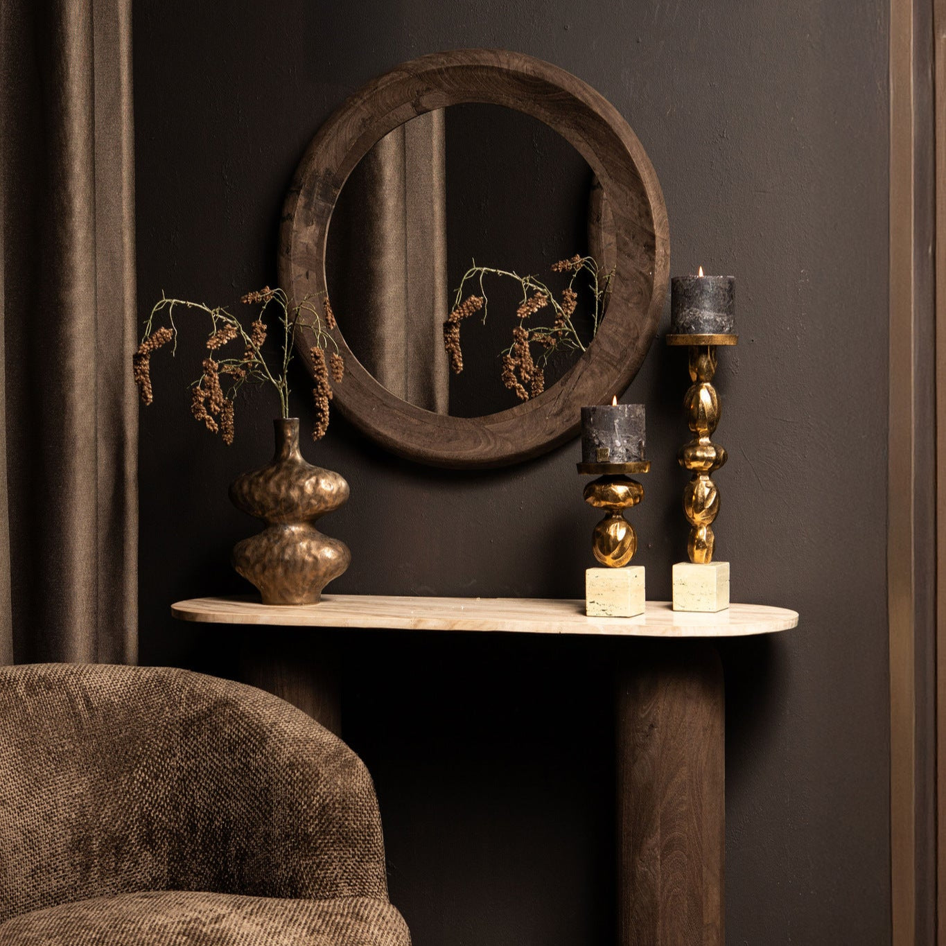 Noam Brown Mango Wood Round Mirror S Dia 70cm x 5cm PTMD - Spiegel - PTMD - livinglovely.nl