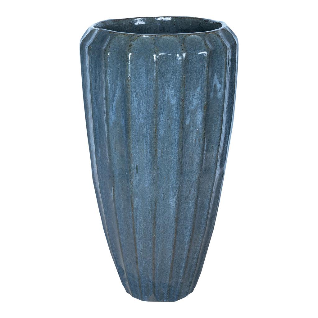 Olver Blue ceramic pot ribbed structure round L PTMD - Pot - PTMD - livinglovely.nl