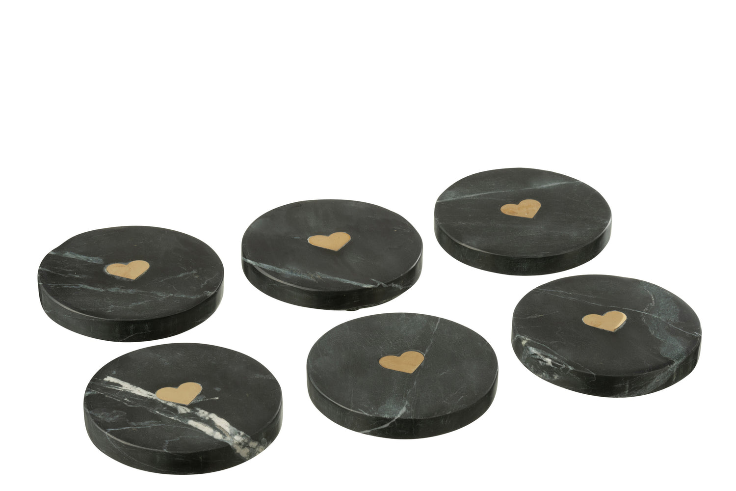 Onderzetter Hart Marmer Zwart/Goudkleurig Set van 6 - Onderzetter - J-Line - livinglovely.nl
