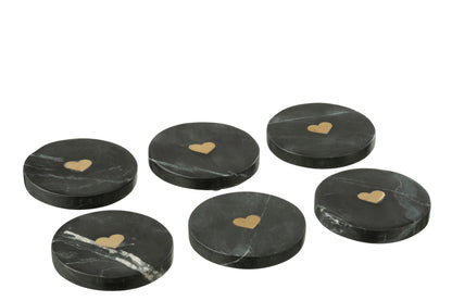 Onderzetter Hart Marmer Zwart/Goudkleurig Set van 6 - Onderzetter - J-Line - livinglovely.nl